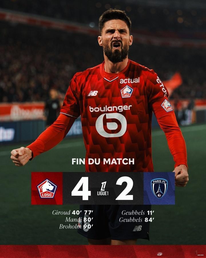 天王盖地虎😤法甲第13轮，里尔主场4-2逆转巴黎FC，39岁的里尔中锋吉鲁本场