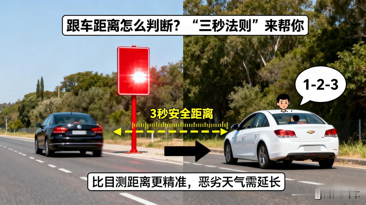 跟车距离怎么判断？
   
总说保持安全车距，怎么判断？教你个“三秒法则”：前车
