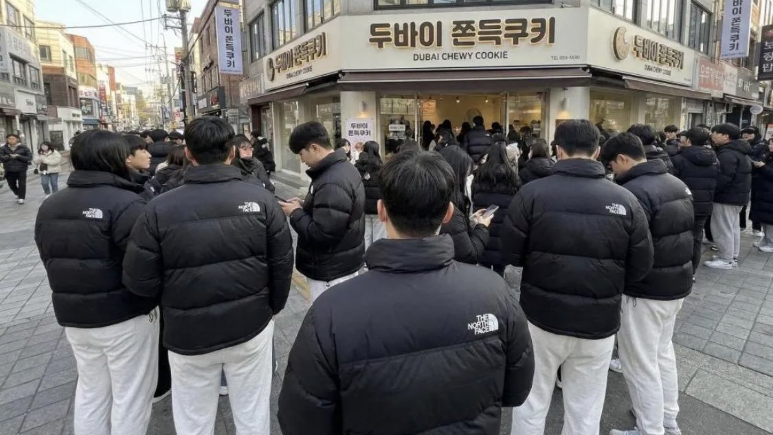 hgr穿着一样的羽绒服在购买爱豆们都在吃的迪拜曲奇，啊啊啊啊大众流行一致的像ai