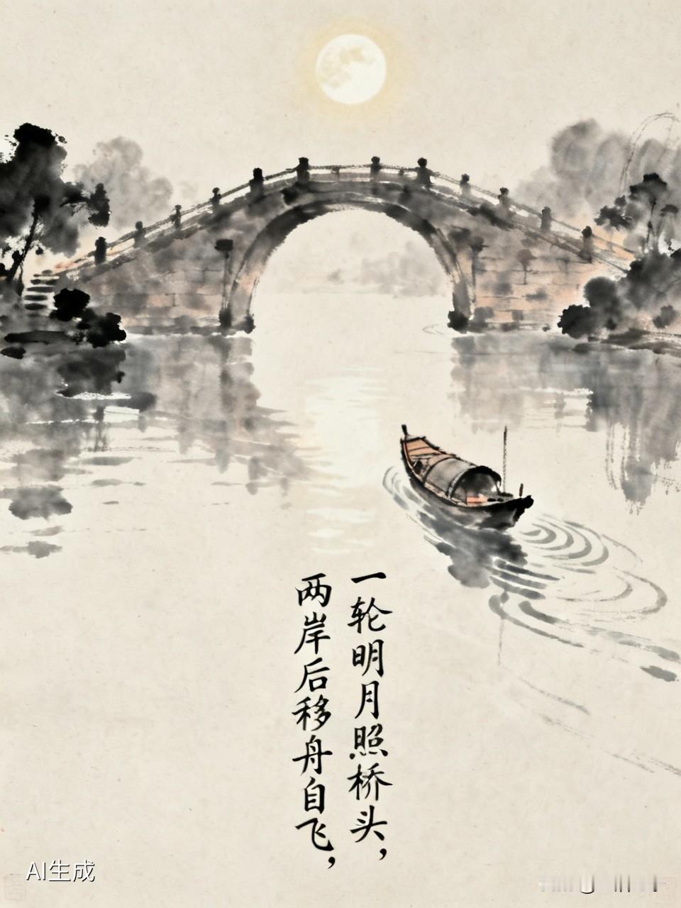 “一轮明月照桥头，两岸后移舟自飞”，这画面太美啦！想象一下，在宁静的夜晚，一轮皎