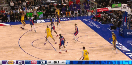 第一节，湖人27-23活塞！肯纳德那个快攻急了。 范德彪上来有篮板。 湖人vs活