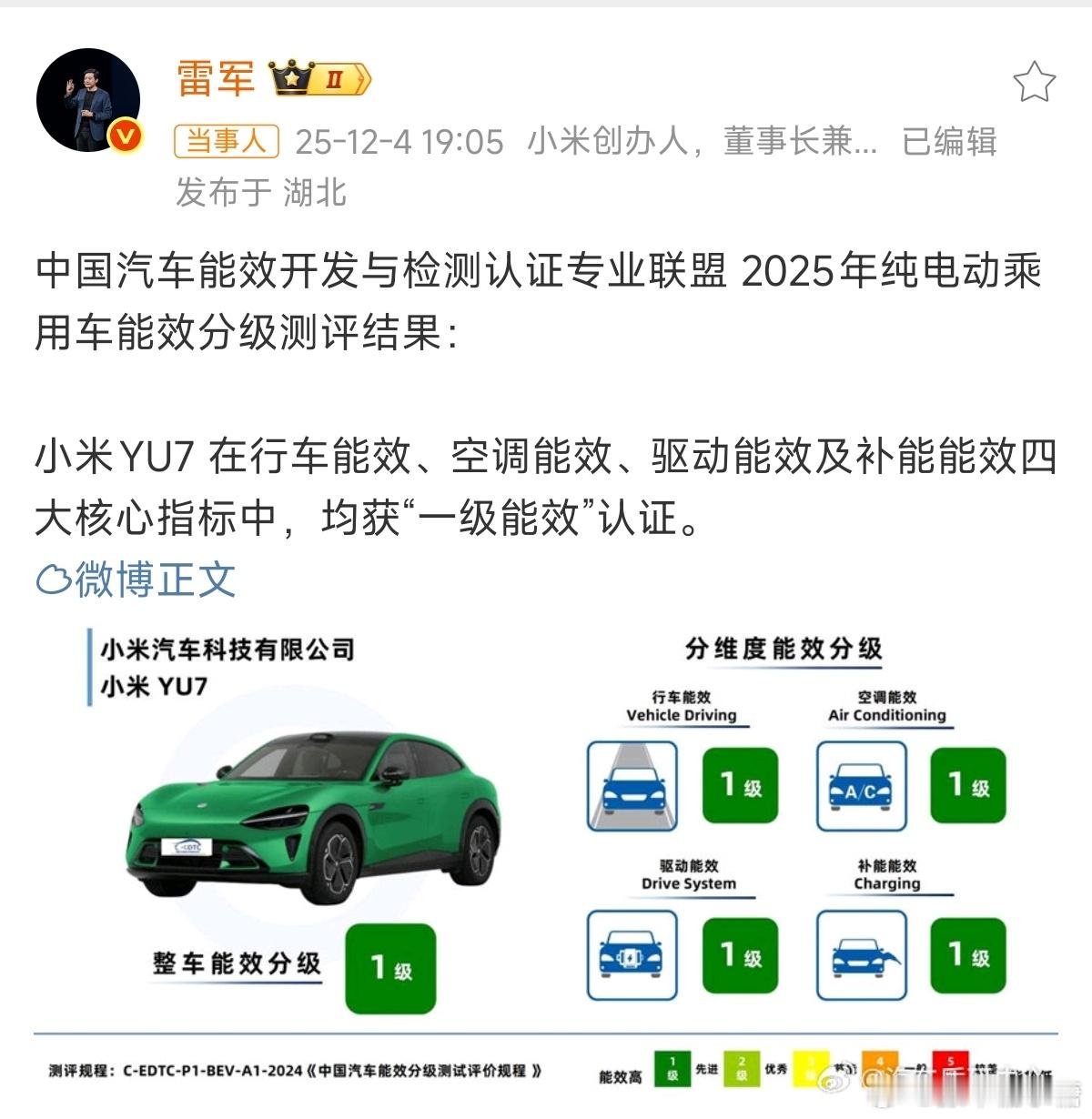 雷军回应小米YU7获一级能效认证大V聊车 之前懂车帝测试，小米汽车的能耗表现就很