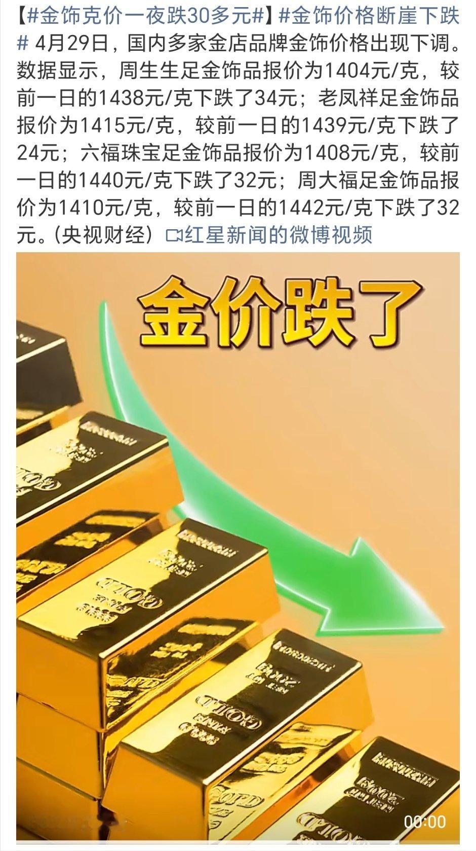 金饰价格断崖下跌好一个断崖下跌，我以为跌了好几百呢，结果一看才跌了二三十而已，不