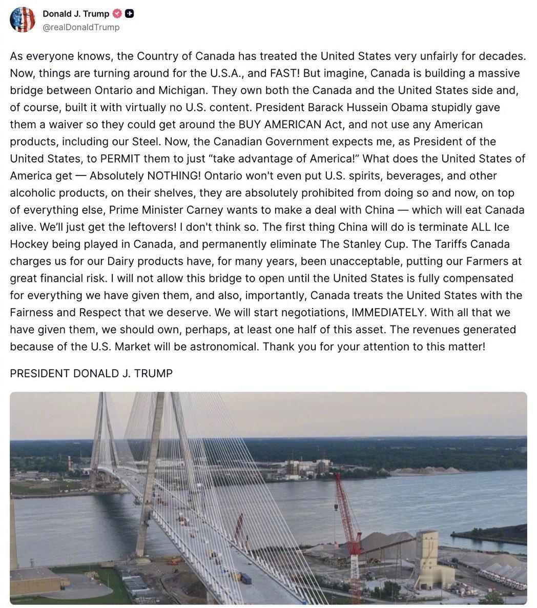 加拿大完全自己出钱盖的大桥（连接安大略省和密歇根州）通车前，阿川突然提出见面分一