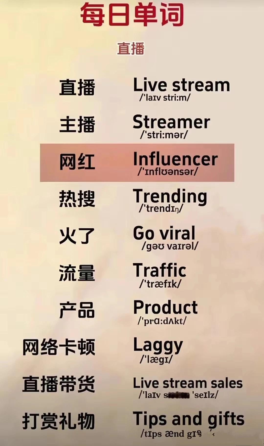 跟当下大热的“直播”和“带货”有关的英语词汇，你都知道哪几个？你会发现，流量这个
