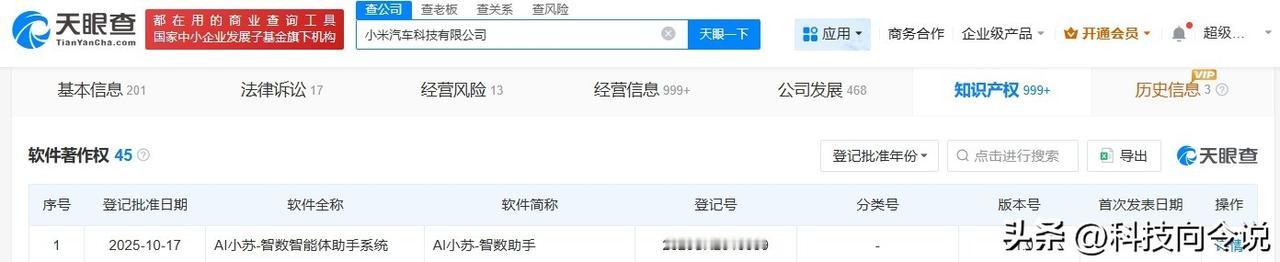 【小米汽车登记AI小苏软件著作权】
天眼查App显示，近日，小米汽车科技有限公司