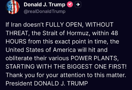 【特朗普对伊朗最后通牒36小时：不开放霍尔木兹海峡就摧毁伊朗能源设施】美东时间3