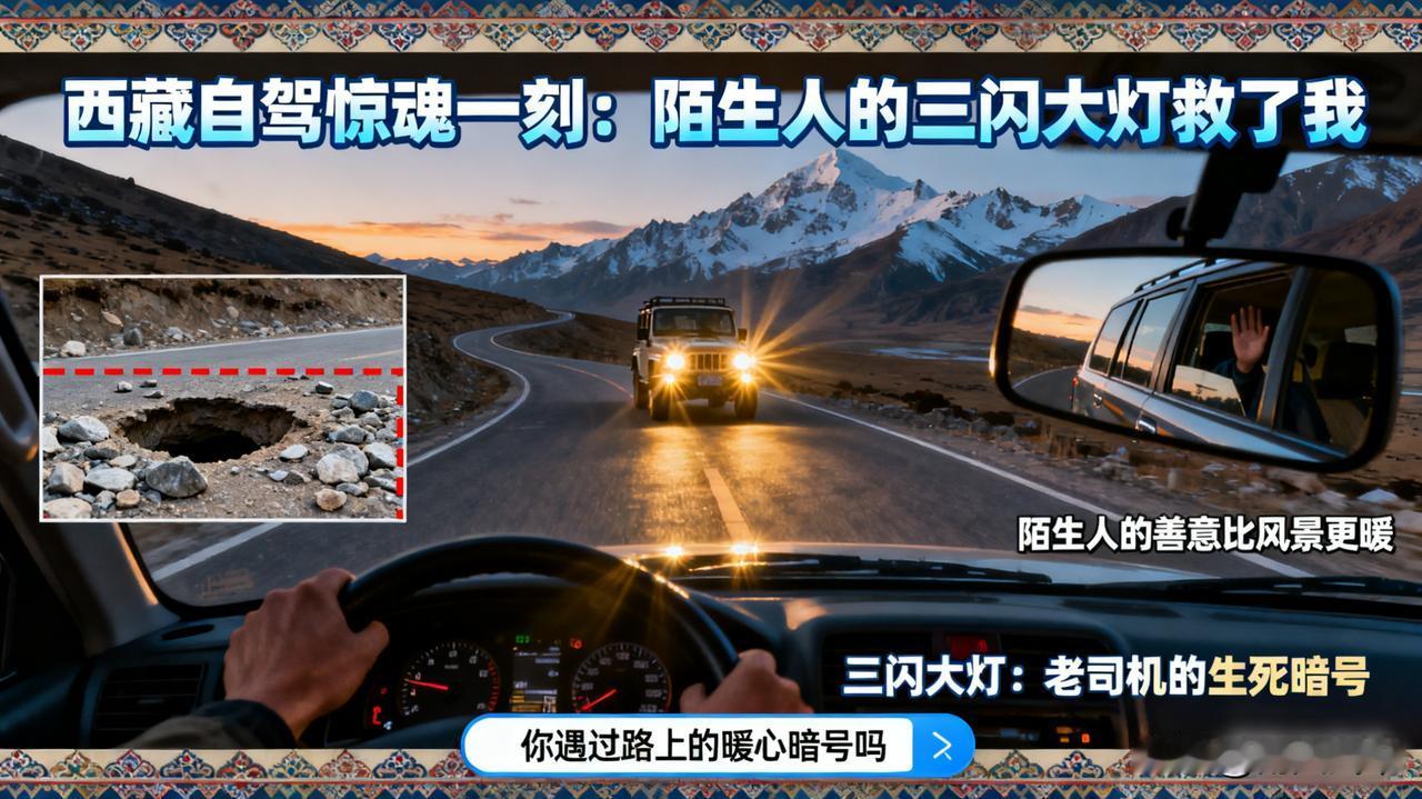 在西藏自驾，一位陌生大哥对我闪了三下大灯，救了我一命。

对向车道连续闪灯，是老