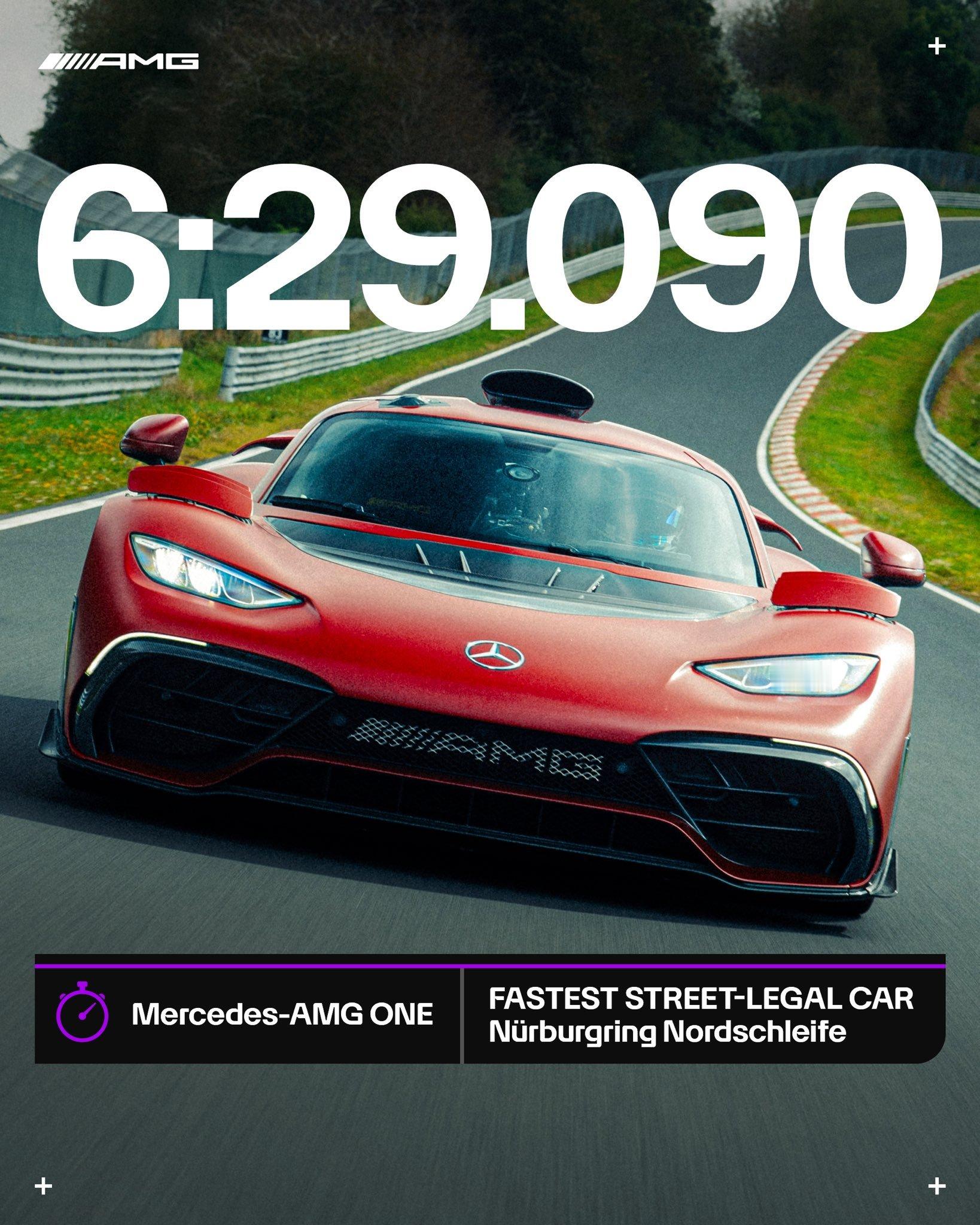 梅赛德斯-AMG ONE打破了自己保持的纽博格林北环单圈纪录圈速：6:29.09