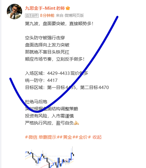 第九波，4431多单在4438止盈！虽然盘面有突破意图但从4小时大周期来看刚好卡