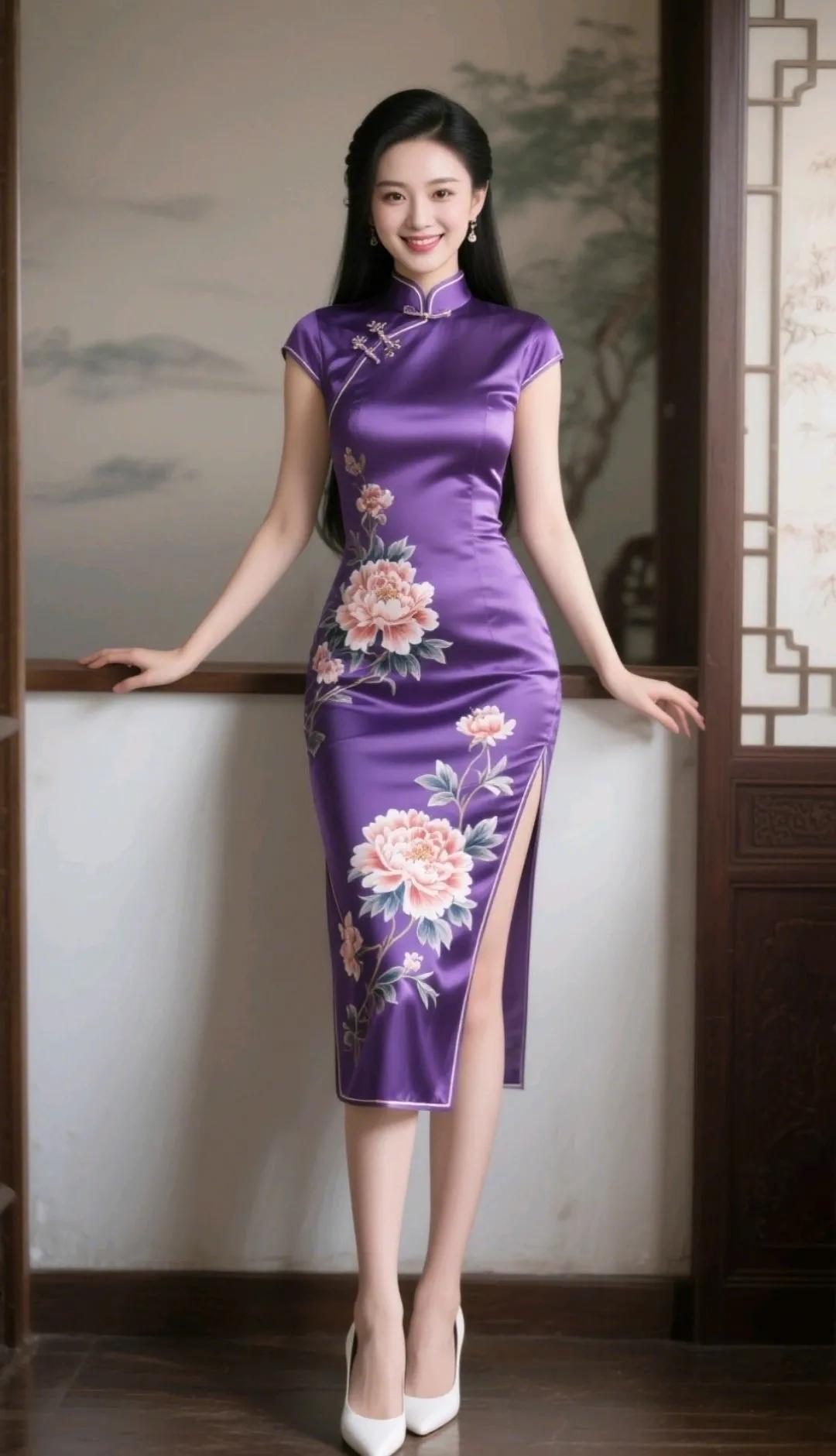 这位美女穿着紫色旗袍，优雅动人。