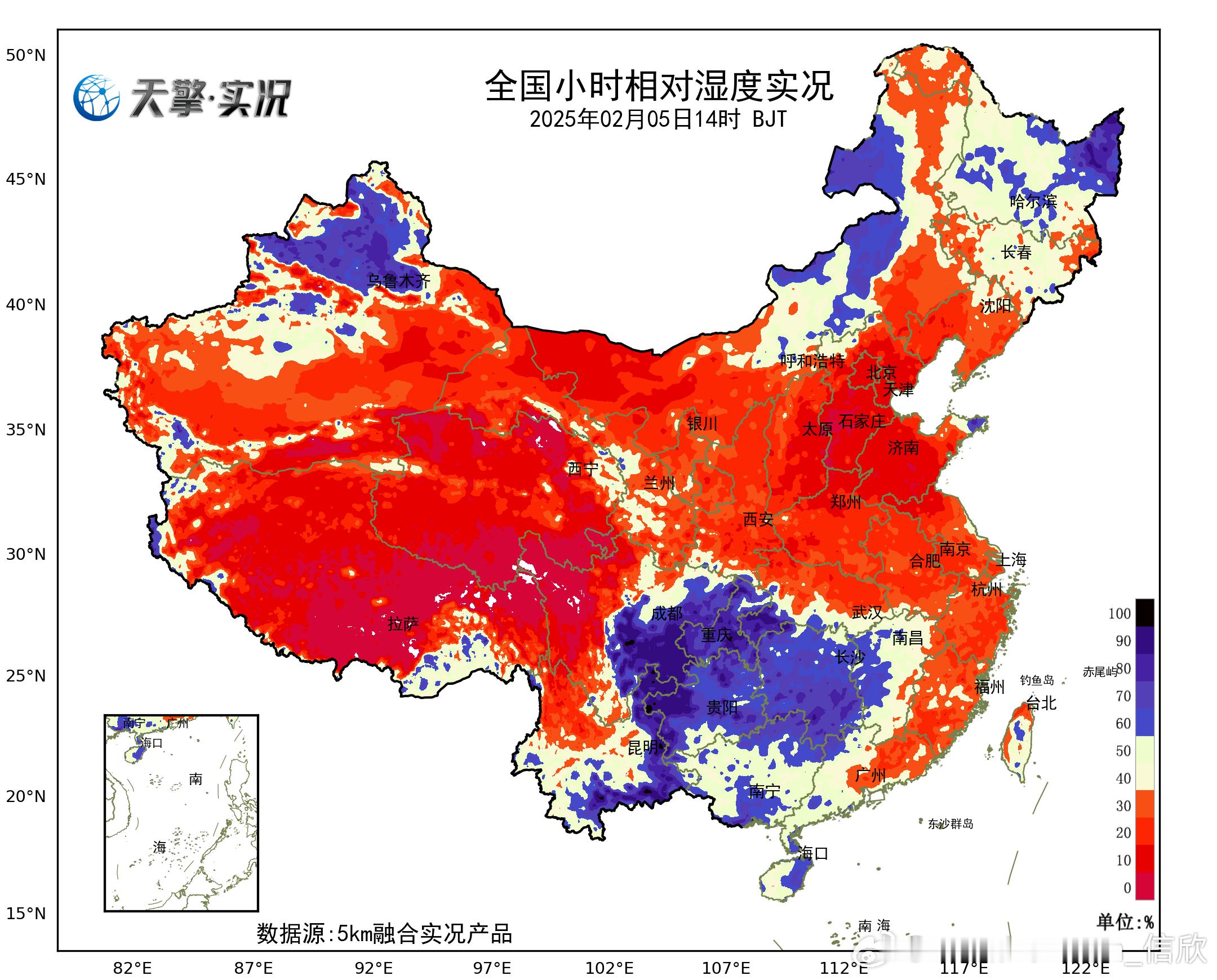 【干燥——石家庄为2025年以来最干燥一天】今天下午，青藏高原以及华北黄淮多地的