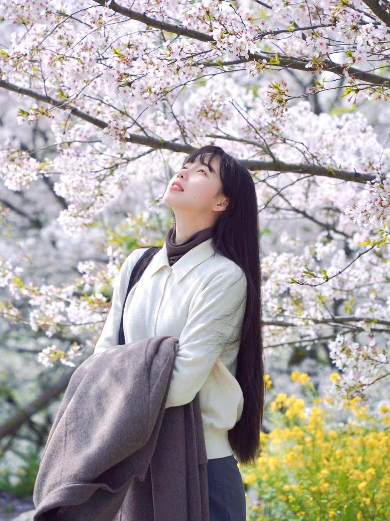 樱花树下，少女仰望，春意盎然。🌸🌸🌸