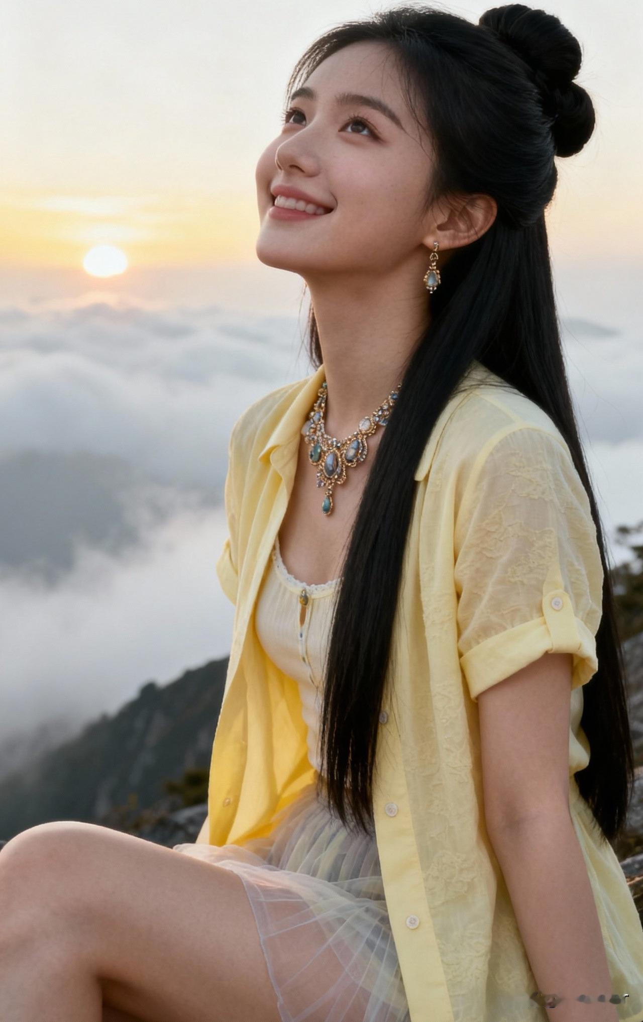 女孩在山顶欣赏日出美景。
