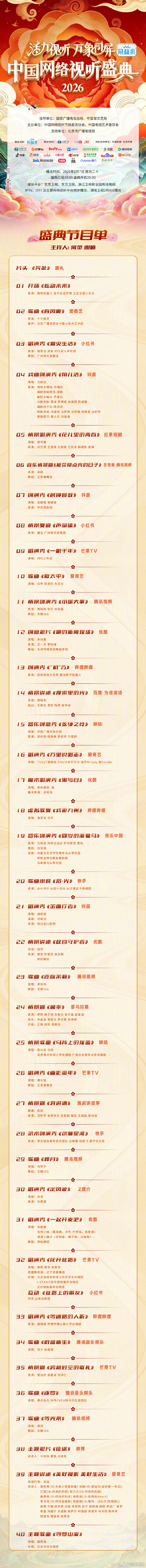 【#2026中国网络视听盛典节目单#揭晓，你最期待谁？评论区推荐】2026#中国
