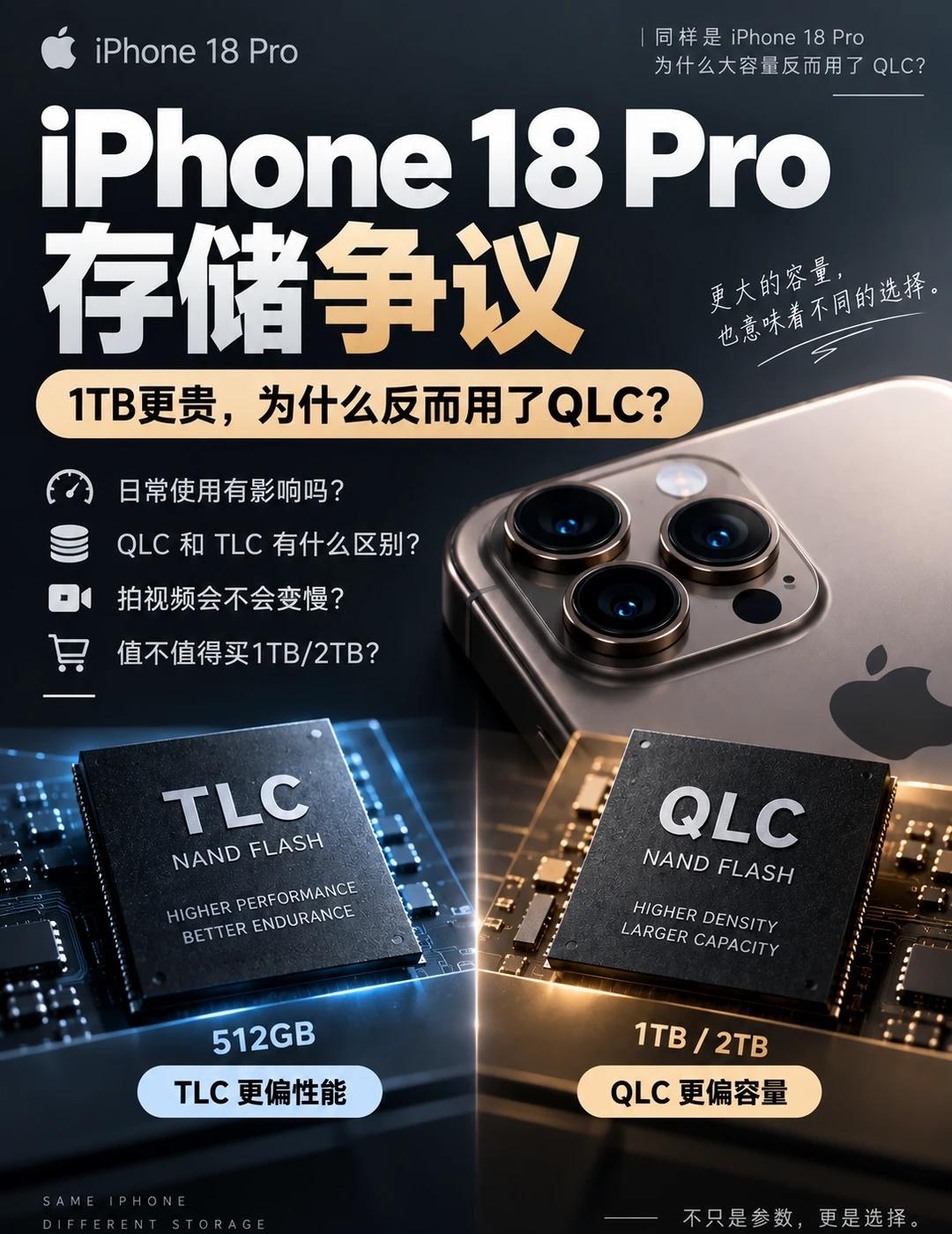 iPhone18Pro存储争议：1TB更贵反而用了QLC
最近iPhone 18