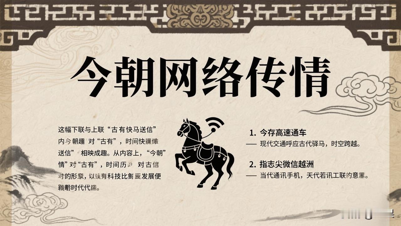 下联：今朝网络传情

赏析：这幅下联“今朝网络传情”与上联“古有快马送信”相映成