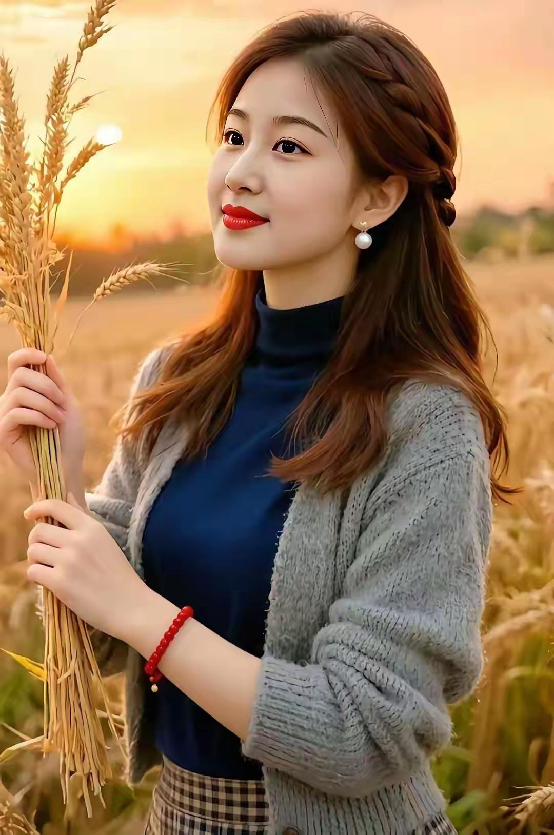 秋日田野里的少女，手捧麦穗，微笑如花