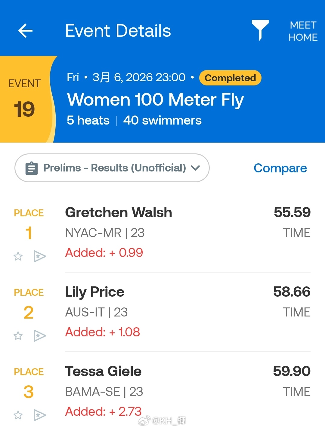 美国游泳系列赛维斯蒙特站 女100蝶预赛小沃 55.5955+真的轻轻松松