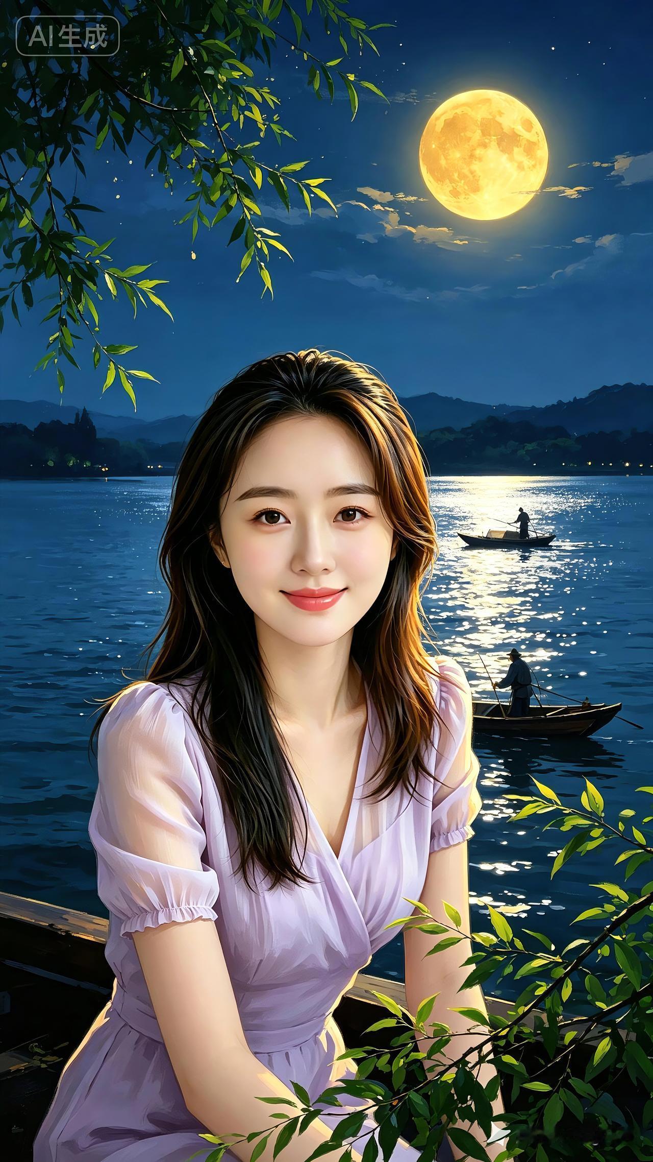 月夜江美人
 
一轮皓月悬天边，
江水粼粼映玉盘。
柳叶青枝垂岸畔，
渔舟轻漾水