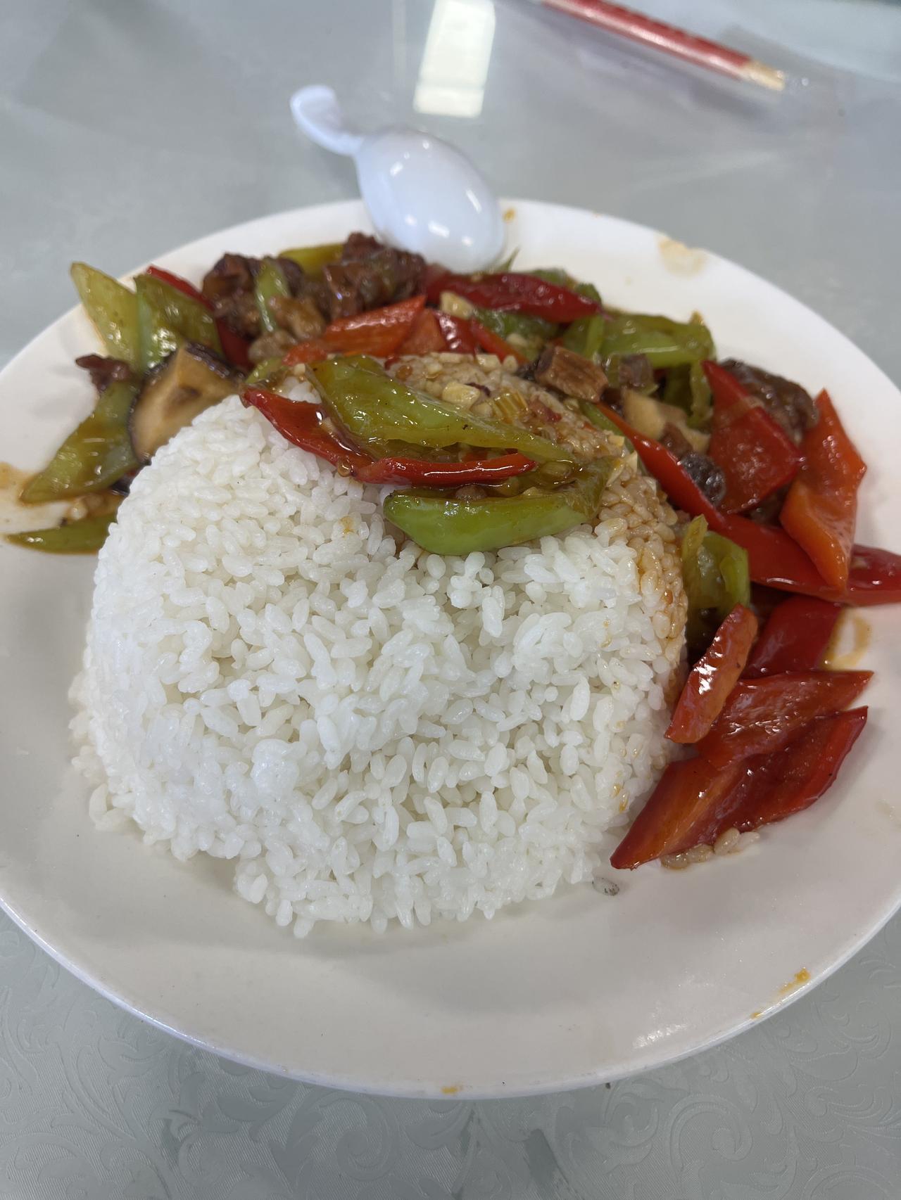 今天午餐吃的土豆牛肉盖浇饭，那叫一个香！我自己做的，先把牛里脊剁成肉沫，用生抽、