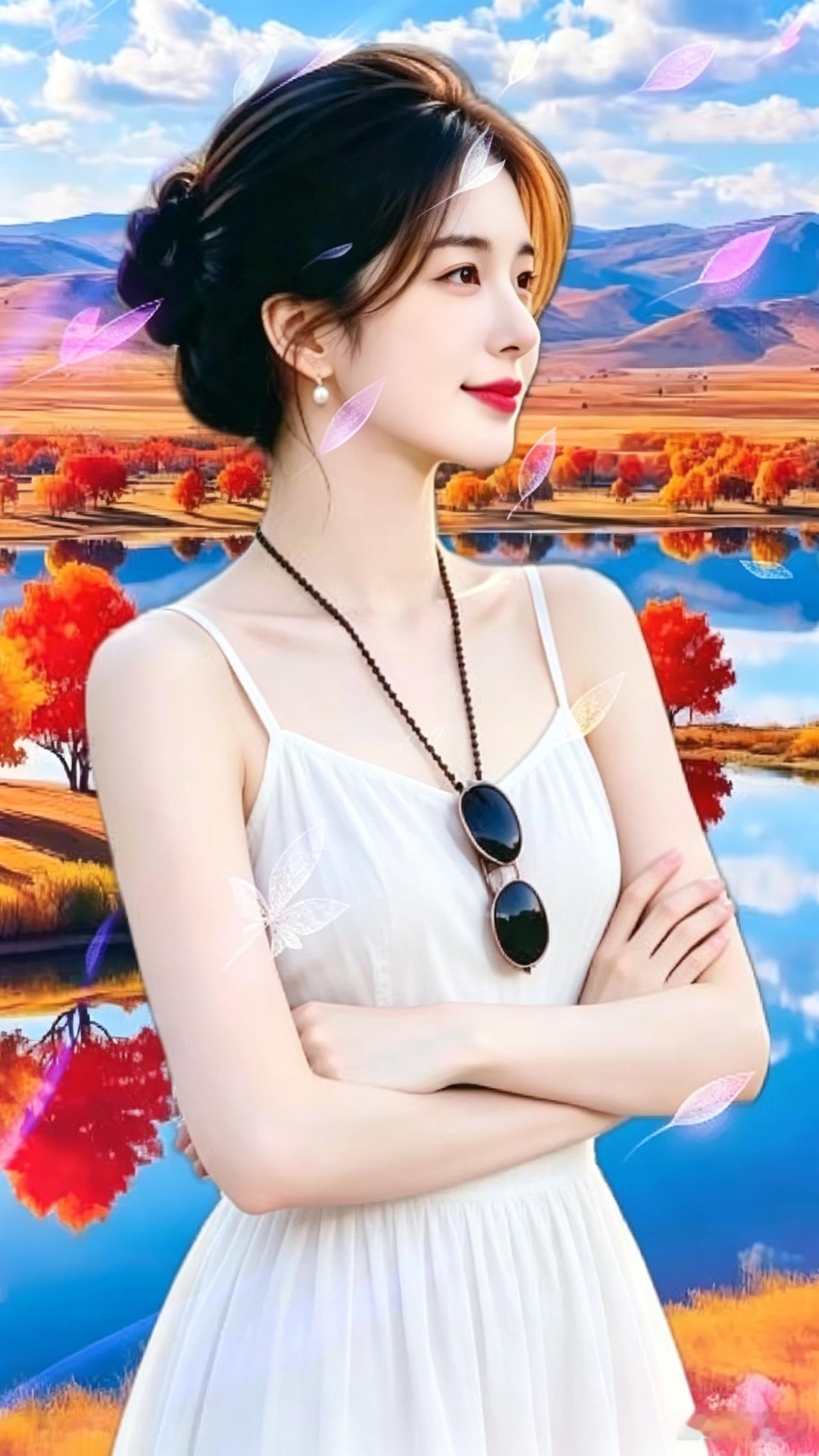 秋野芳姿
 
远岭层林染艳红，
一汪碧水映晴空。
白醉美秋色图 裙俏女风姿俏，