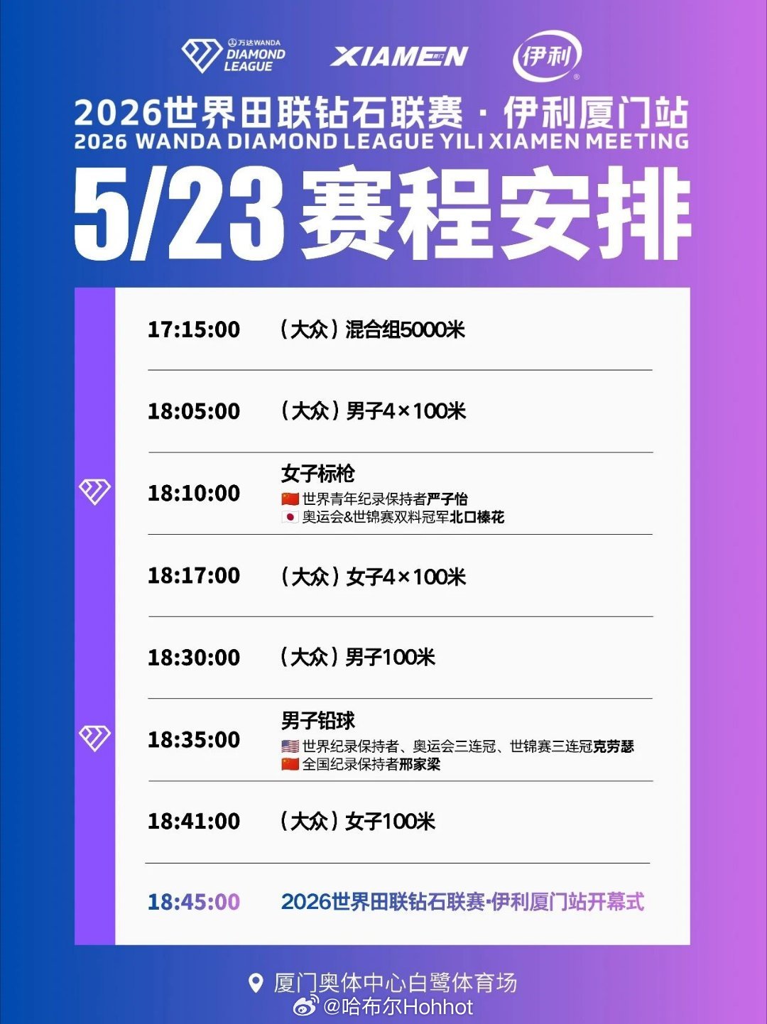 5月23日2026钻石联赛厦门站 将在厦门奥体中心白鹭体育场拉开帷幕📺直播：央