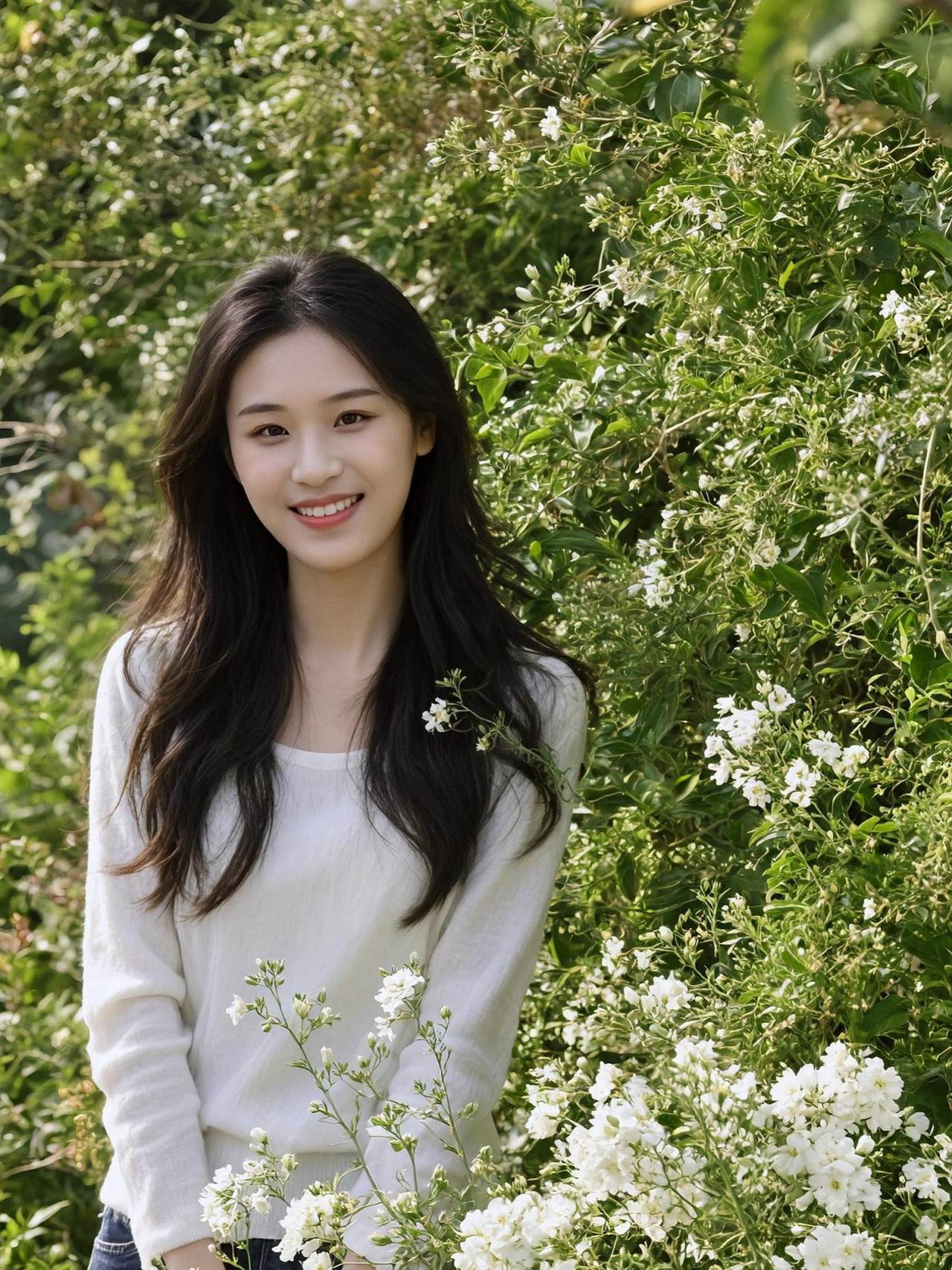 春风拂过花丛，她站在光里，像一首未写完的诗。白裙轻扬，发丝微卷，每一帧都藏着温柔