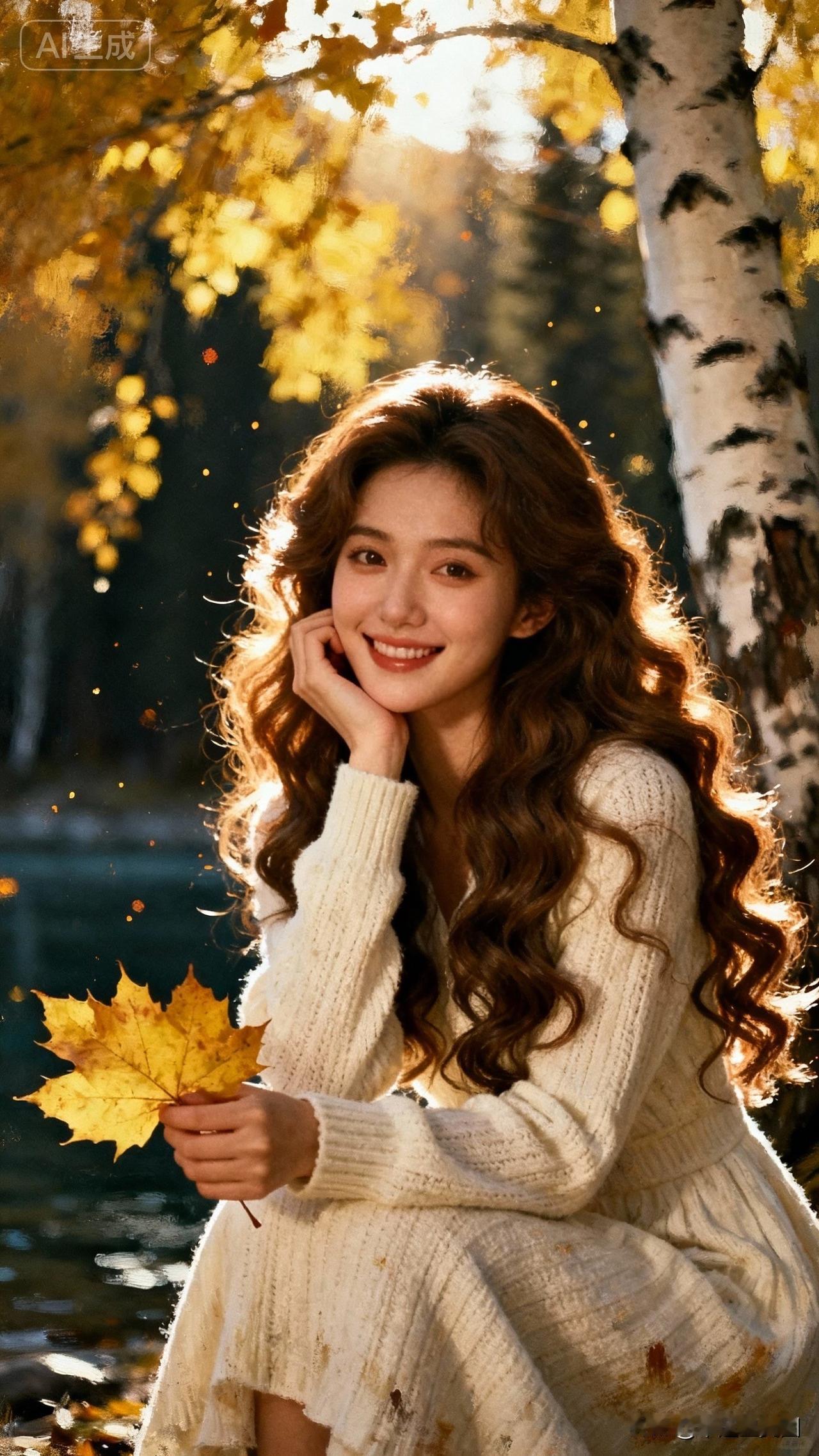 秋日暖阳下，微笑的少女与落叶共舞