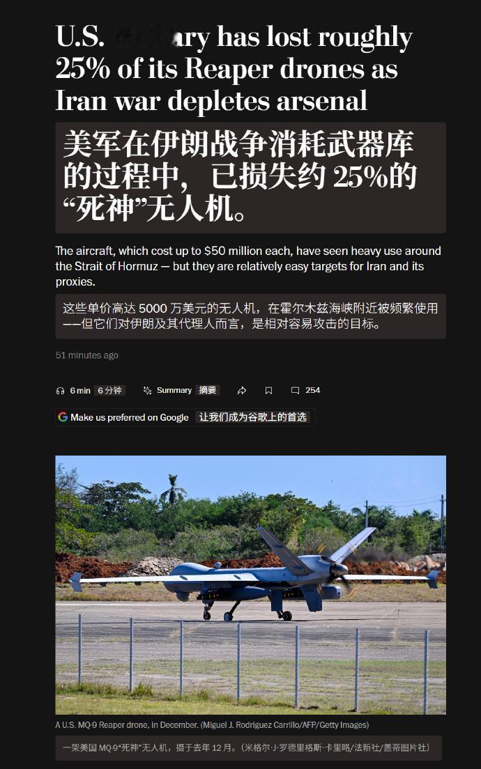 美媒称，美伊开打以来已经损失至少45架MQ-9“死神”无人机，占美军该型无人机总