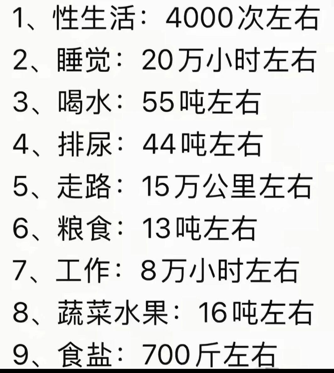 4000次性生活、20万小时睡眠、13吨粮食、15万公里走路、700斤食盐……