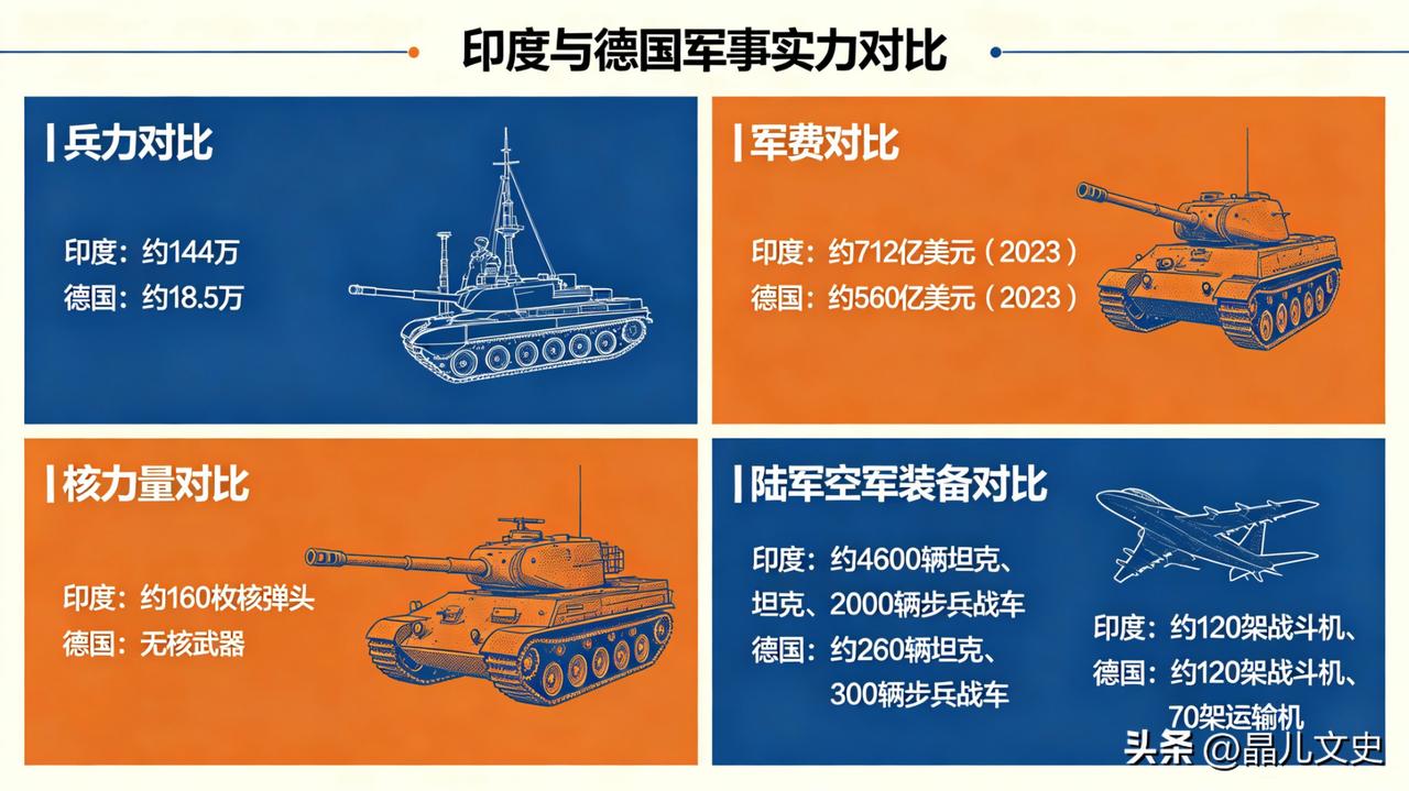 印度的军事实力有没有德国厉害?单论硬实力，德国更强。
德国虽仅约18万现役兵力，