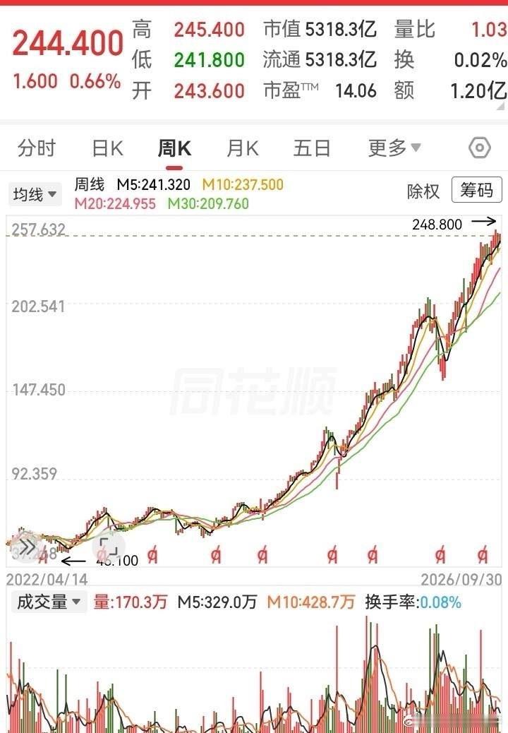 这走势走得真漂亮！进三步退一步，从46块飞到了248块，不知不觉涨了四倍。自从走