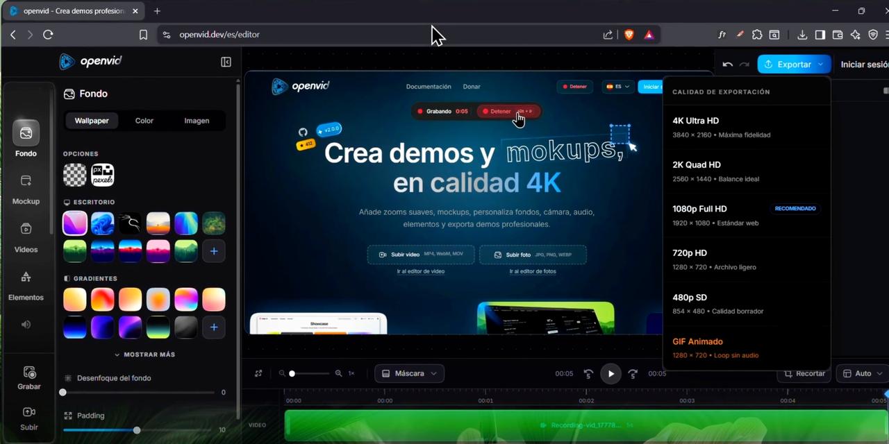 OpenVid 是一款开源的浏览器视频编辑器，用于录制和编辑带有电影效果的截图，