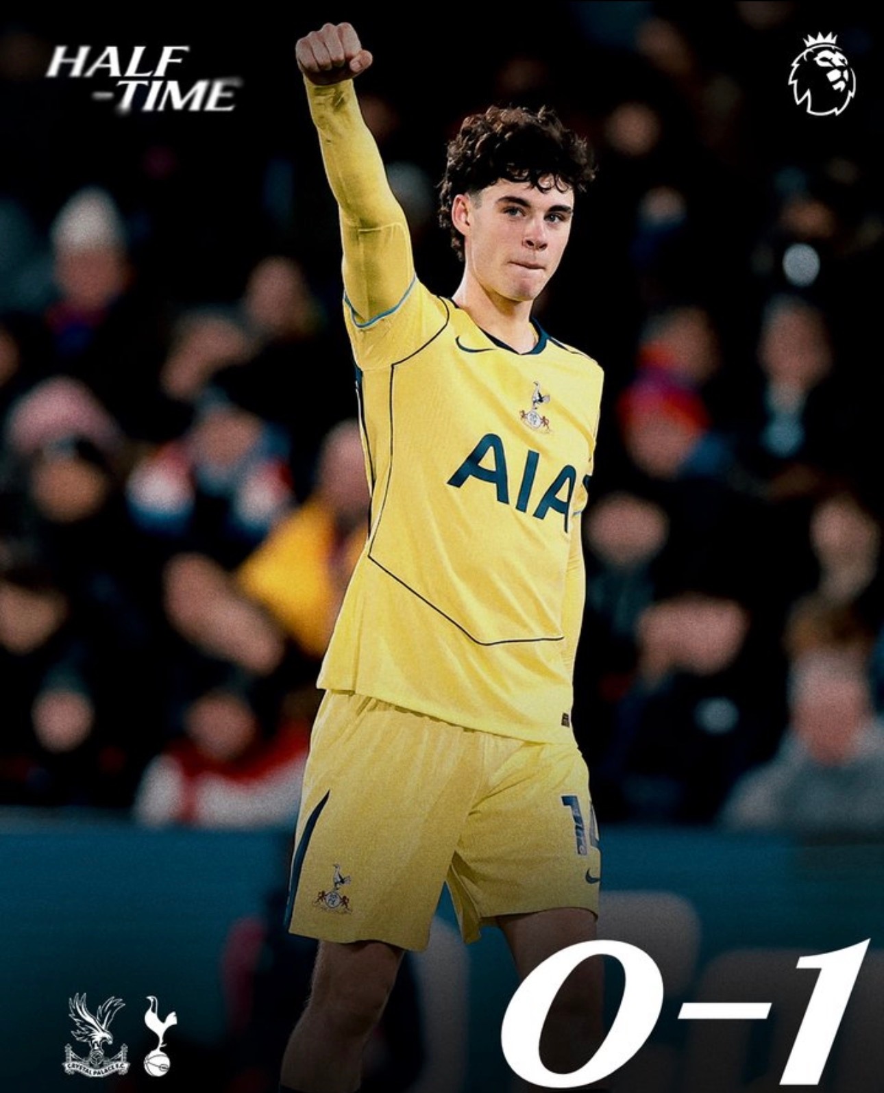 上半场结束，热刺在水晶宫多轮反击下艰难生存，并通过角球由格雷打进一球，客场1-0