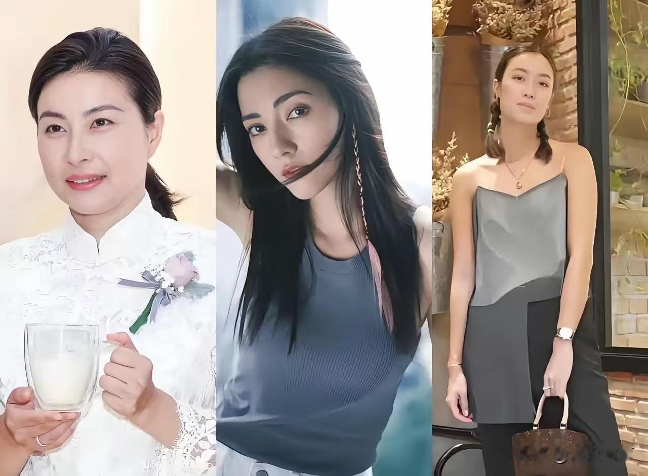 这是霍家三兄弟的老婆，左边的是老大霍启刚的老婆郭晶晶，曾经是一名跳水运动。中间是