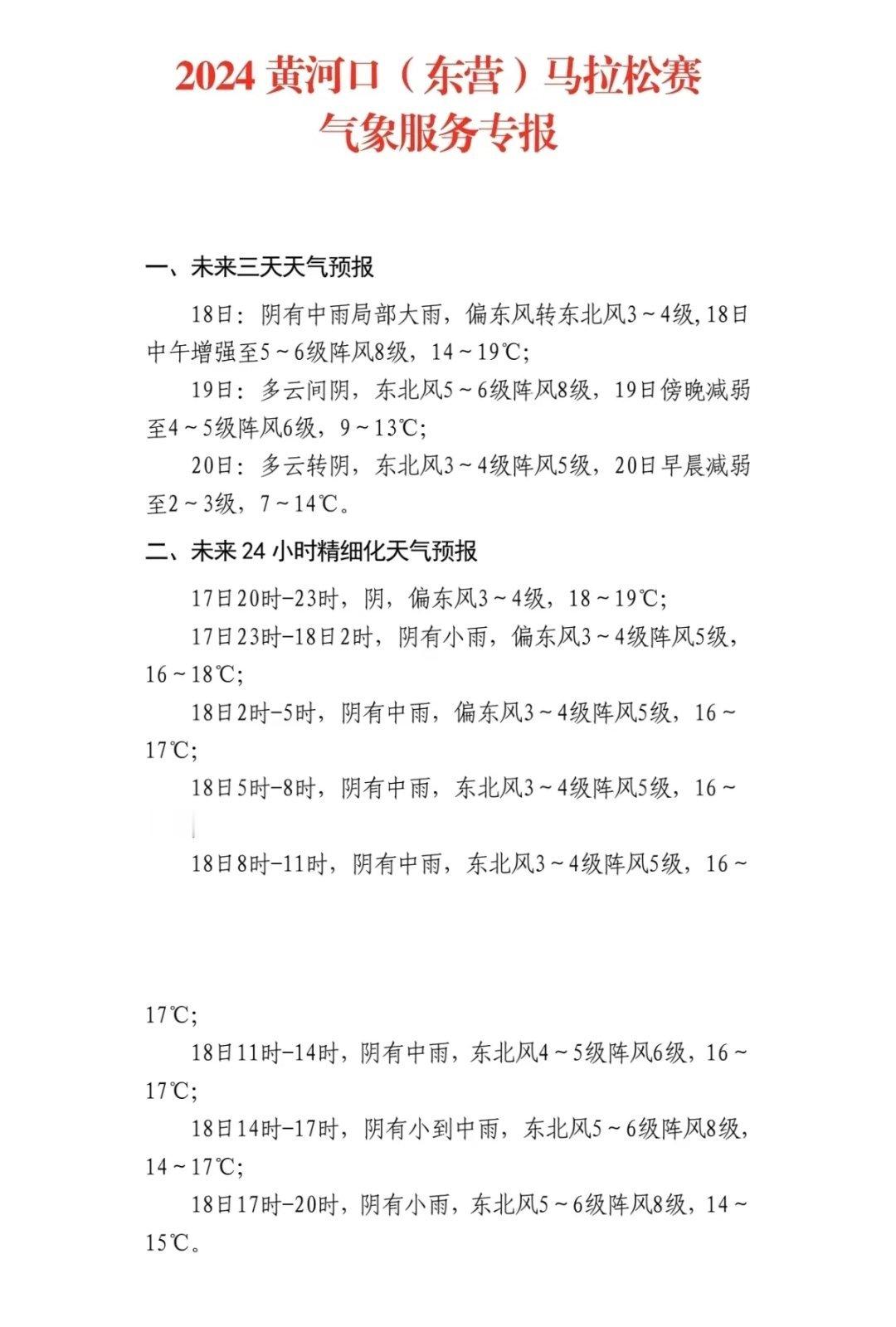 #东营马拉松# 官方天气预报，多云转阴，7-14度，很完美啊！#精英跑者##跑步