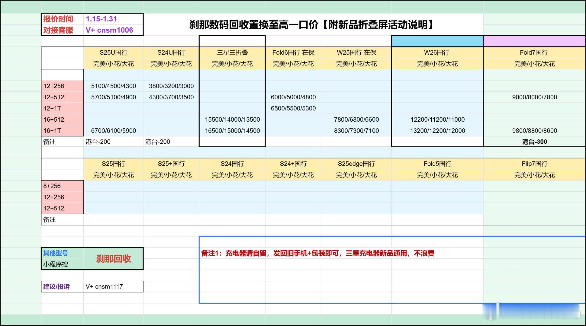 更新一下【刹那回收】年底行情新增W26和三折叠回收报价专业三星至高一口价，图2更