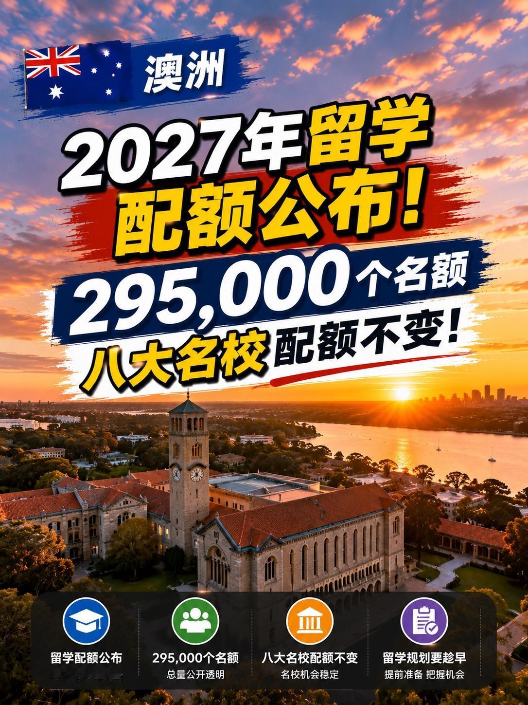 澳洲2027年留学配额公布！295,000个名额，八大配额不变！

澳洲教育部正
