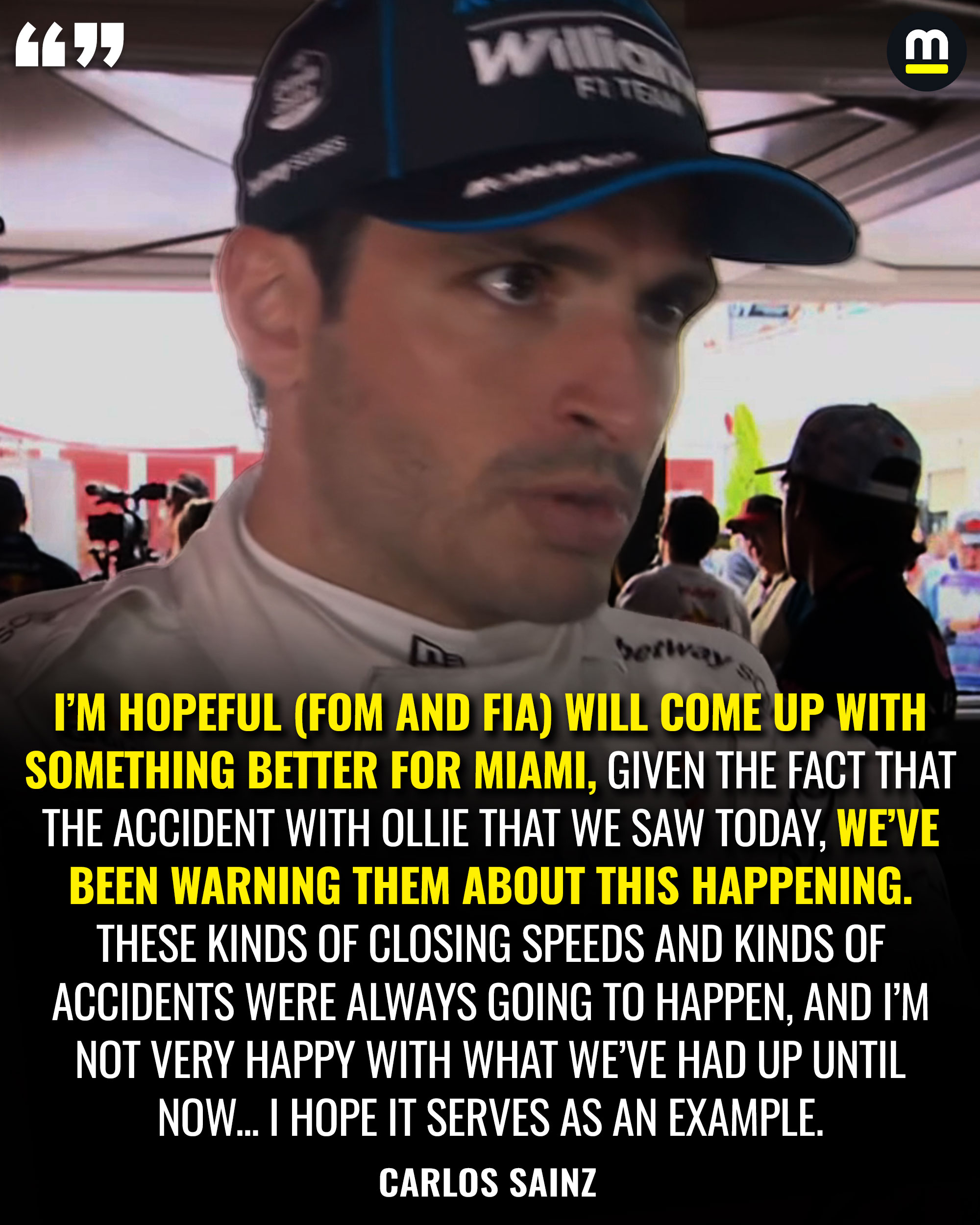 塞恩斯对于贝尔曼的事故表达了担忧“我希望FOM和FIA能在迈阿密前找到更好的解决