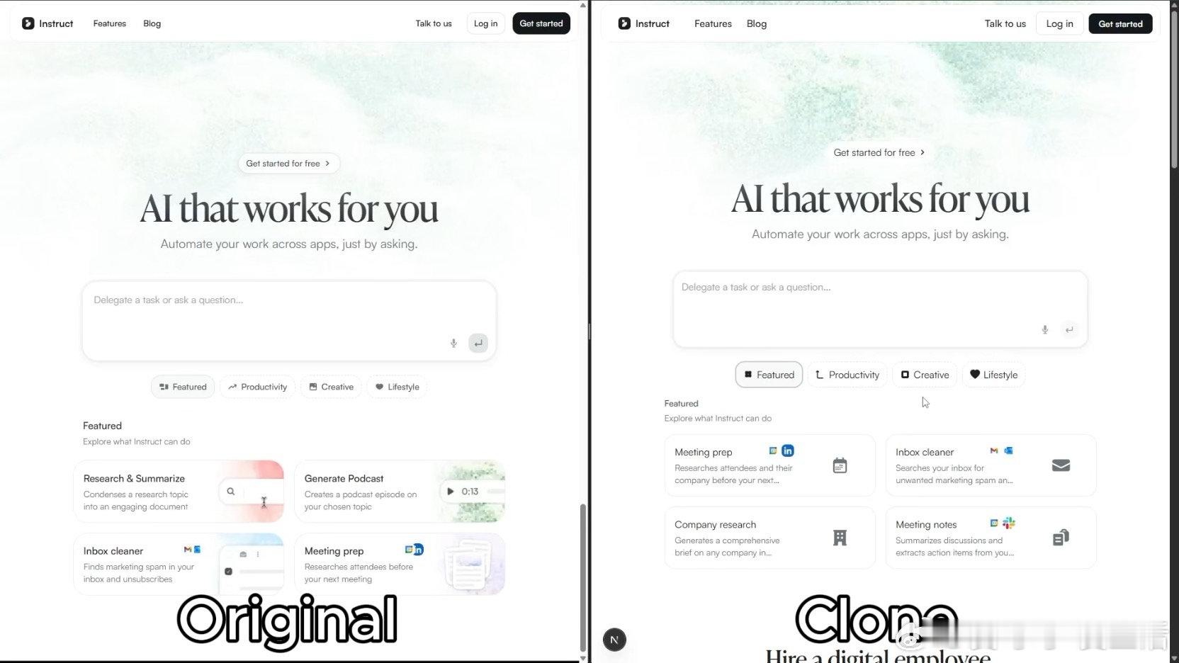 克隆网站通常需要多个工具，爬虫抓取HTML，设计工具分析样式，还要手动重构代码，