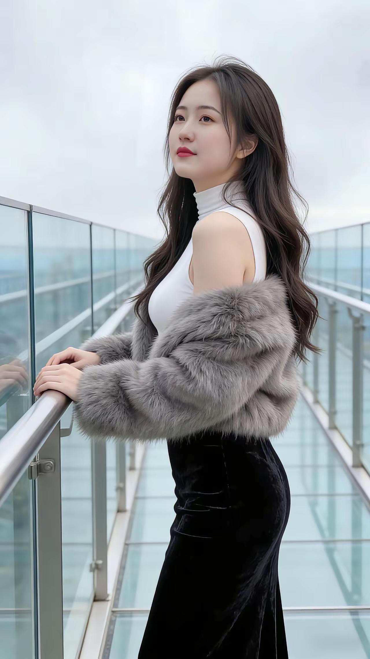 毛茸茸外套搭配黑色长裙，温暖又时尚！🌟👗🧥