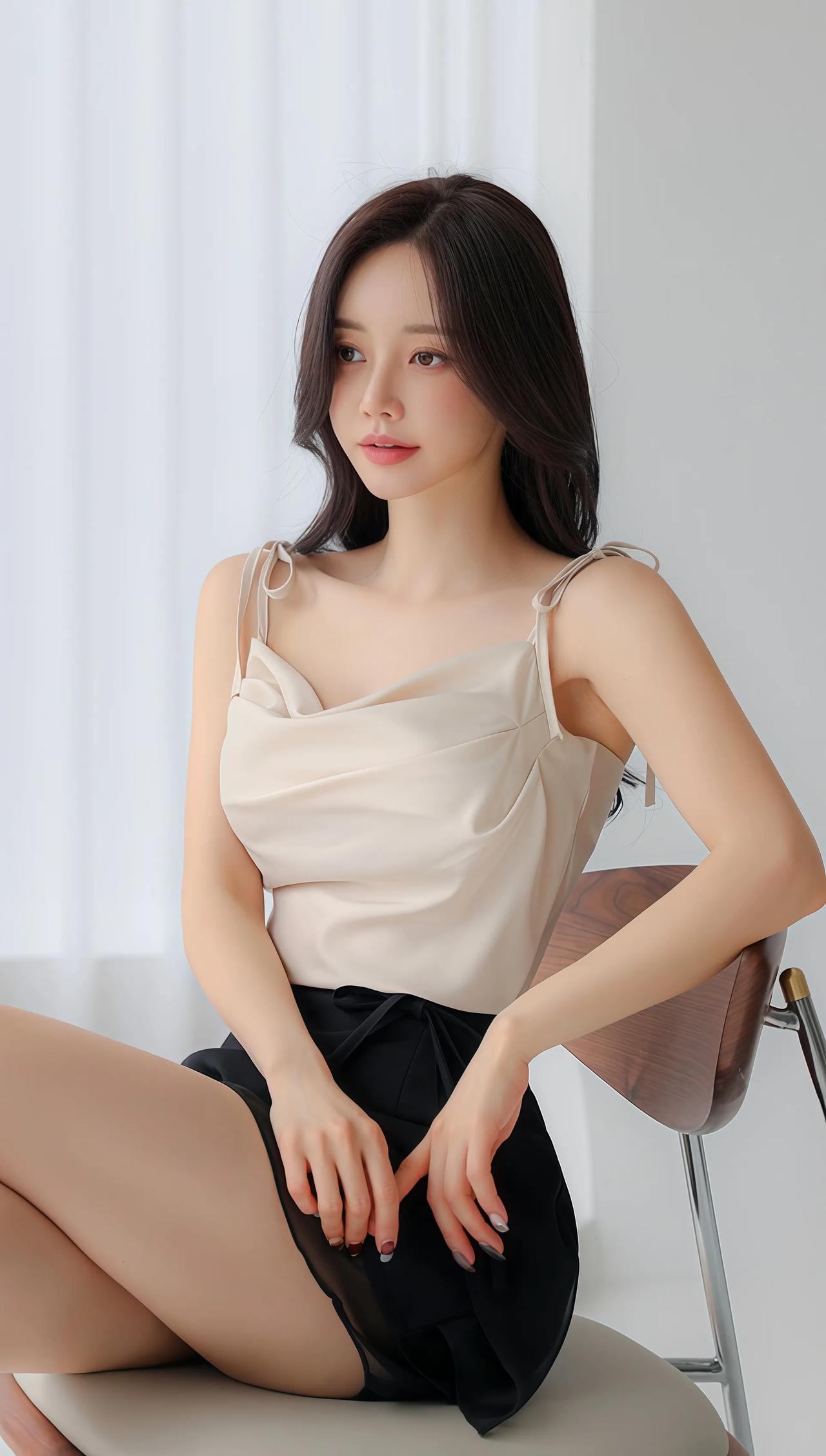 优雅气质，浅米色吊带裙搭配黑色短裙，简约而不失时尚感。