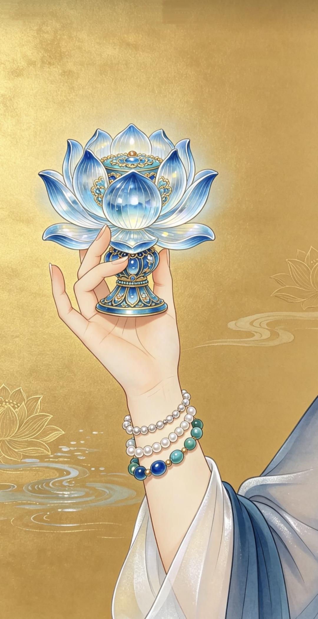 蓝莲清净生智慧，如意牡丹富贵长。
手捧祥瑞福满门，花开富贵万事兴。
传统文化传递