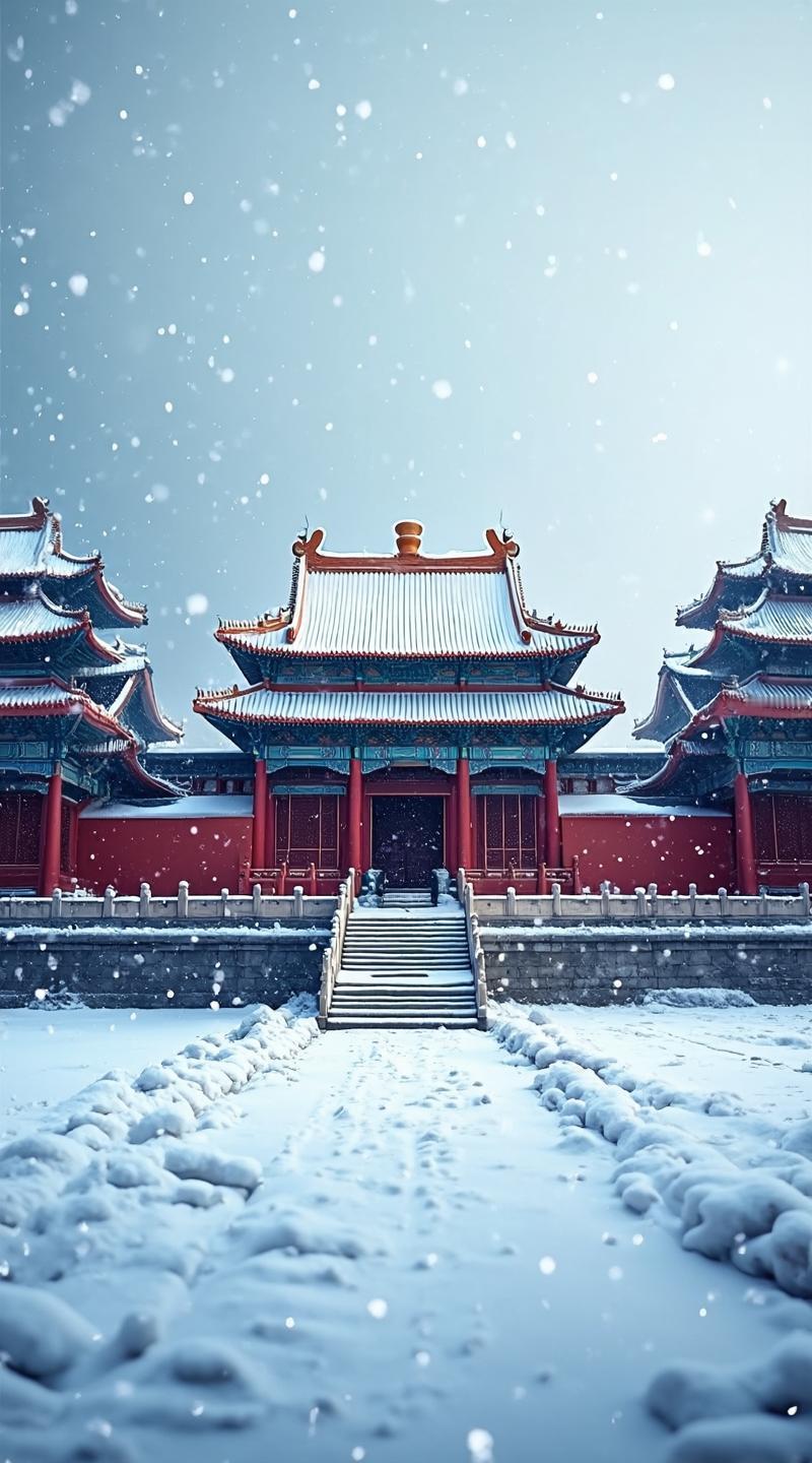 1. 色彩的对比更鲜明。平时故宫以红墙黄瓦为主，色彩浓艳而热烈；而雪后的故宫则被