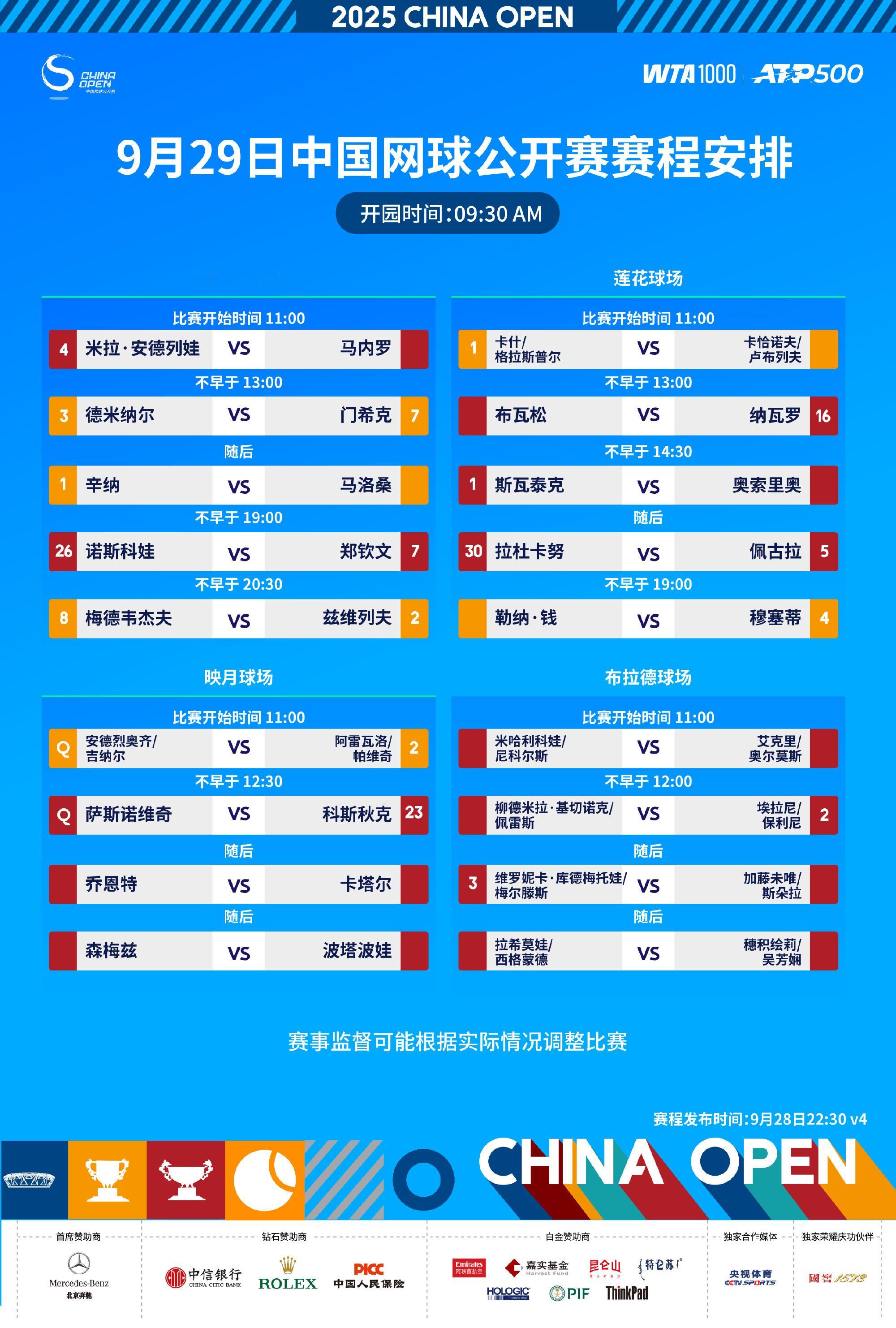 中网今日赛程以及部分球员训练安排男单进入1/4决赛轮次，3场安排在钻石球场；女单