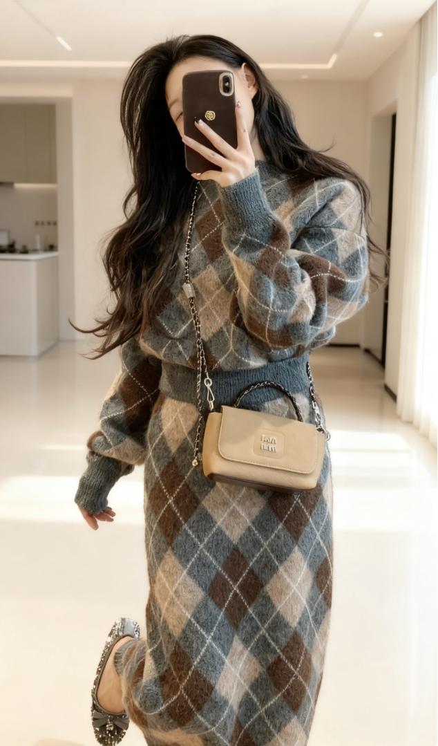 韩系穿搭显瘦两件套 秋冬复古穿搭