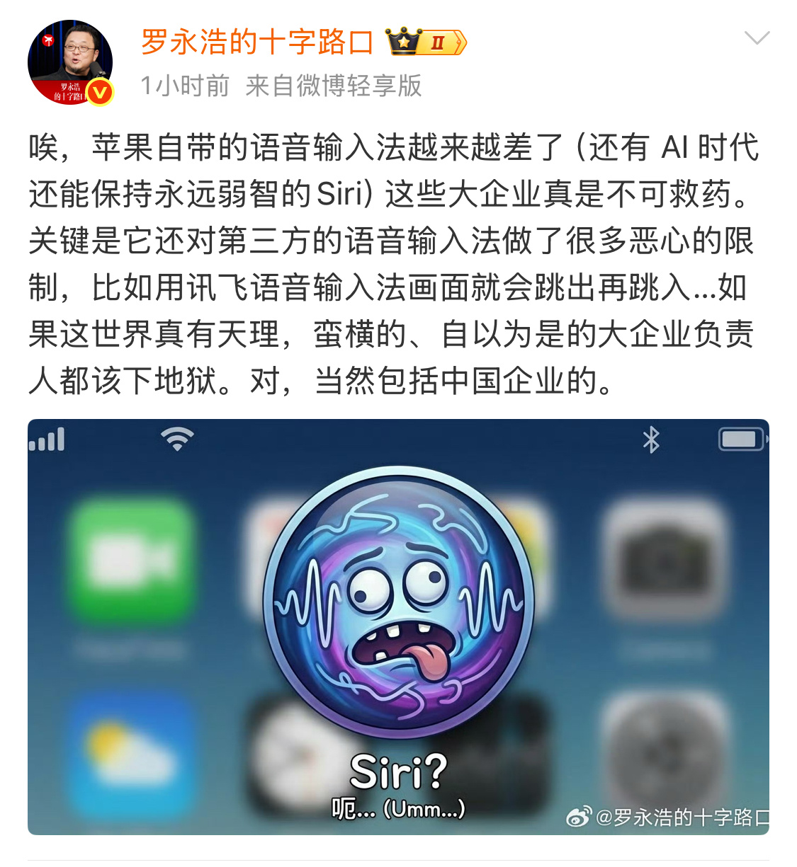 罗永浩吐槽Siri弱智据说，国外Siri是没有阉割过的，说是很智能。没体验过，也
