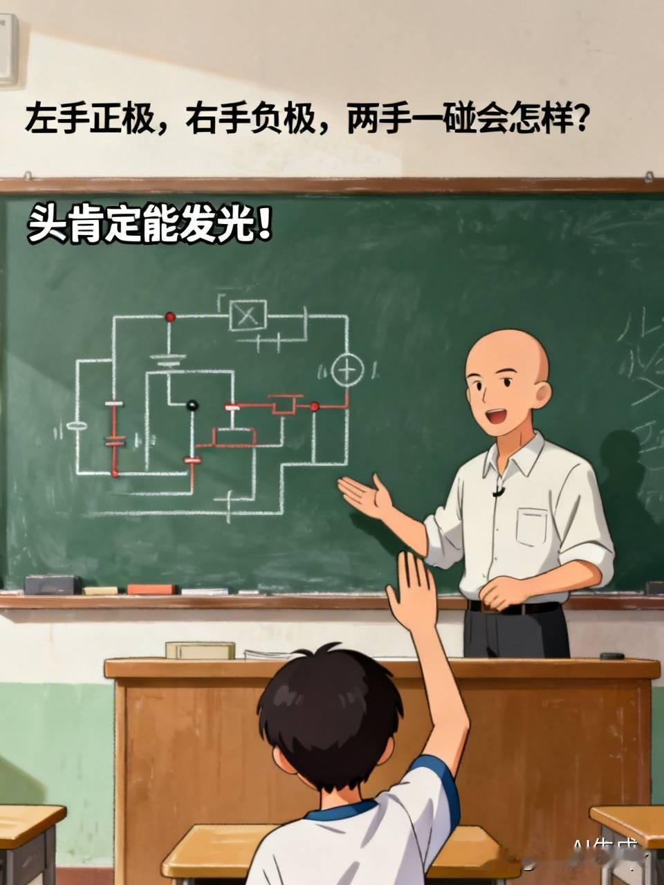 有个脑袋像灯泡一样锃亮的男老师正在讲课，他问道：“假如我左手是正极，右手是负极，