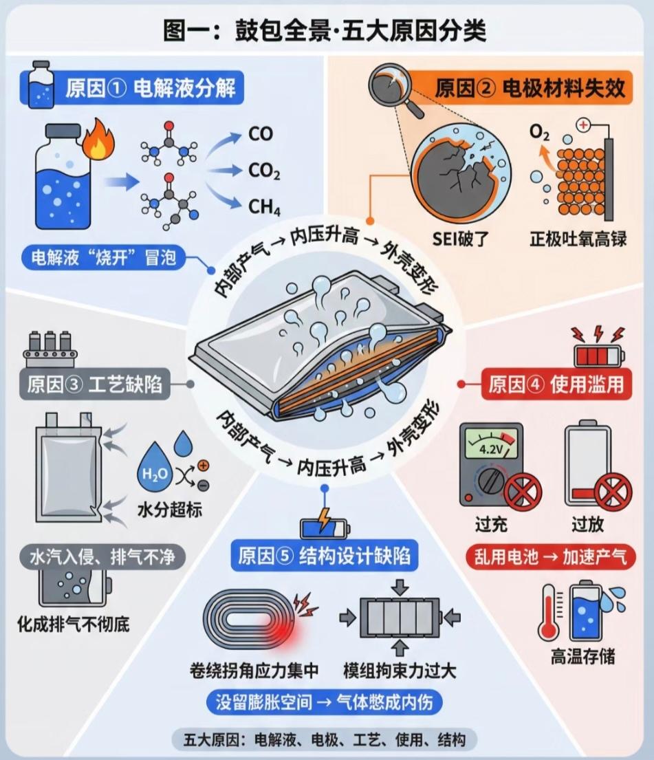 锂电池鼓包胀气的5大原因？
①电解液分解
②电极材料失效
③工艺缺陷
④使用滥用